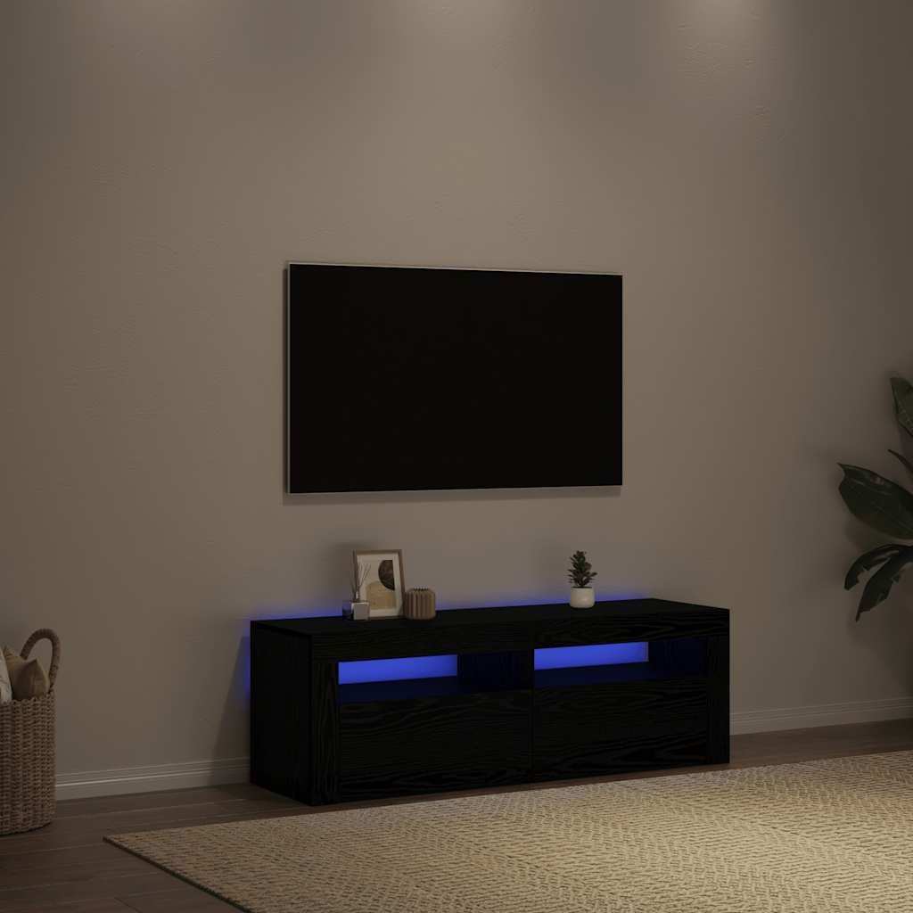 TV-bänk med LED-lampor svart ek 120x35x40 cm konstruerat trä