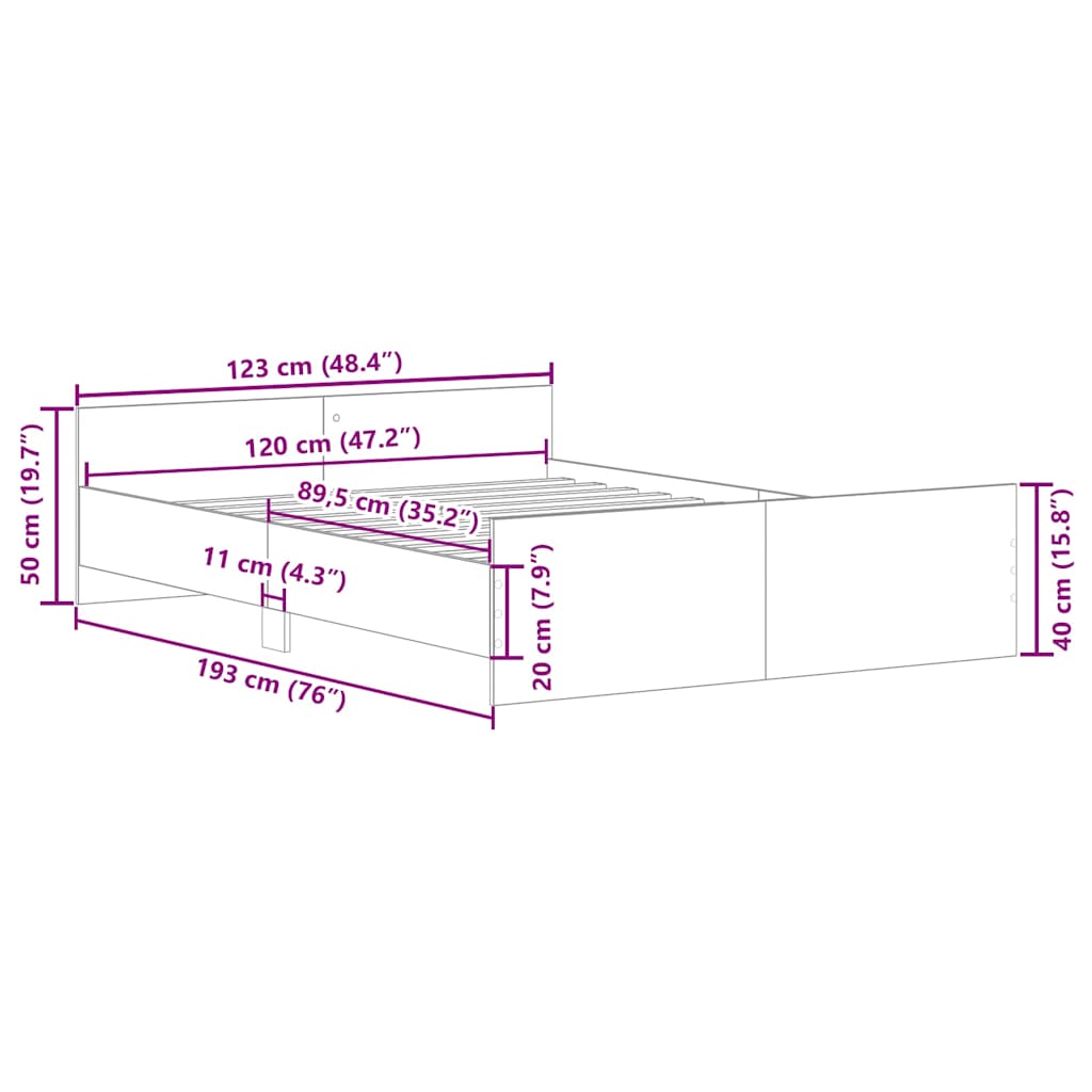 Sängram utan madrass hantverksmässig ek 120x190cm