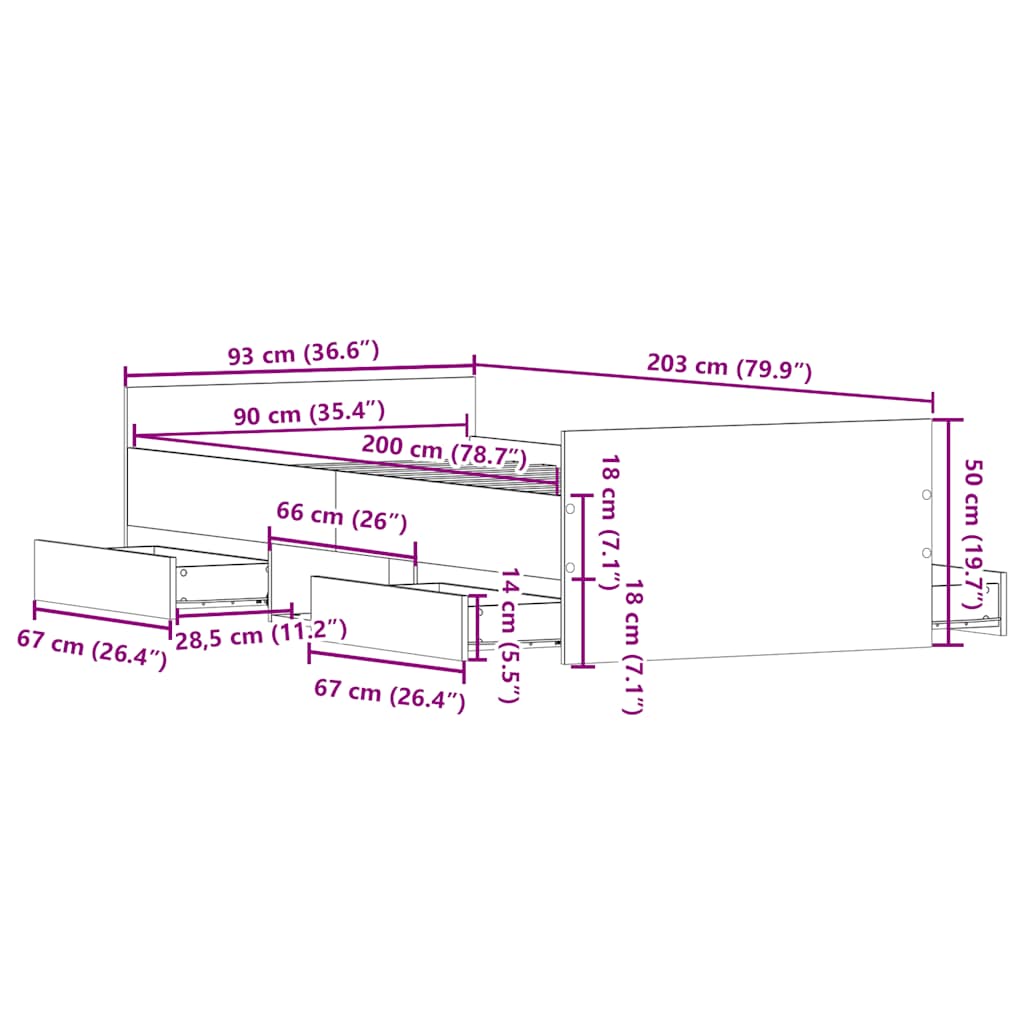 Sängram utan madrass gammalt trä 90x200cm konstruerat trä