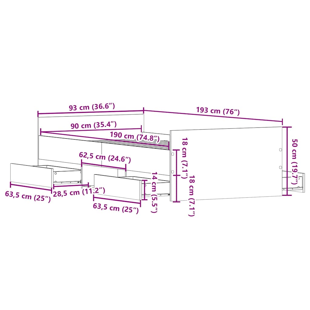 Sängram utan madrass gammalt trä 90x190cm konstruerat trä