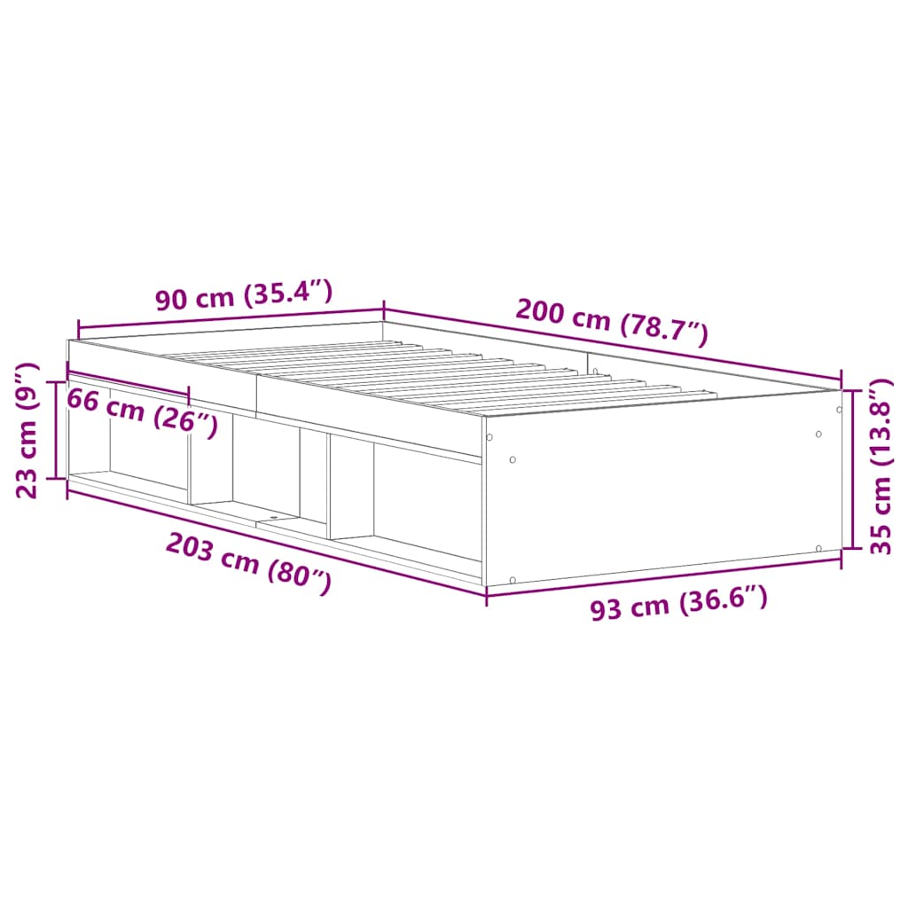 Sängram utan madrass gammalt trä 90x200cm konstruerat trä