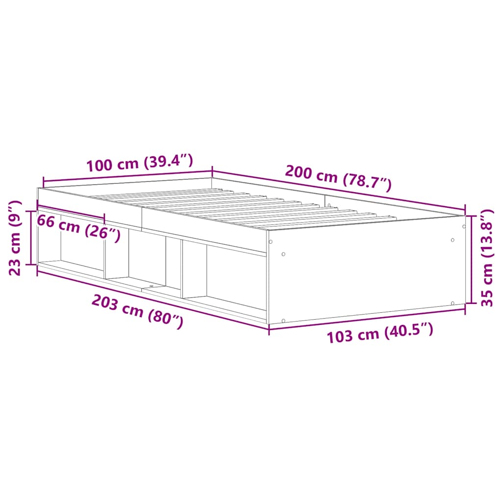 Sängram utan madrass gammalt trä 100x200cm konstruerat trä