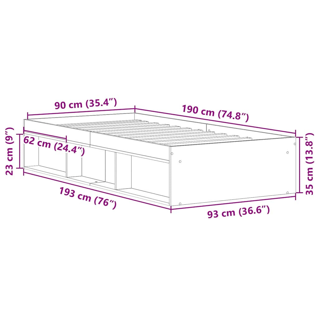 Sängram utan madrass gammalt trä 90x190cm konstruerat trä