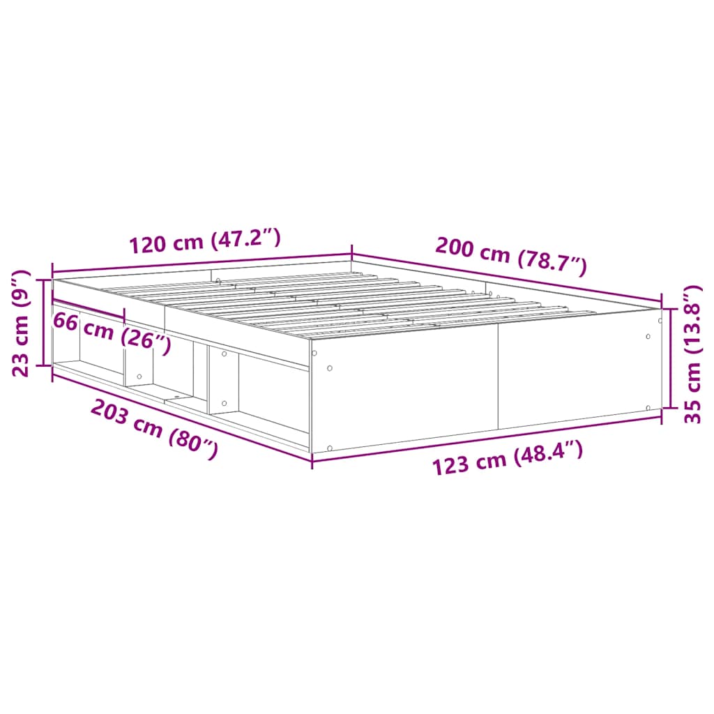 Sängram utan madrass gammalt trä 120x200cm konstruerat trä