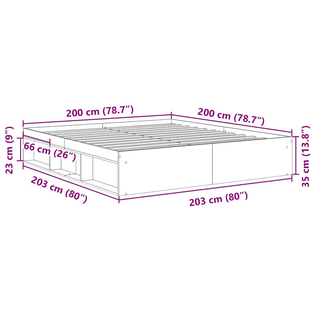 Sängram utan madrass gammalt trä 200x200cm konstruerat trä