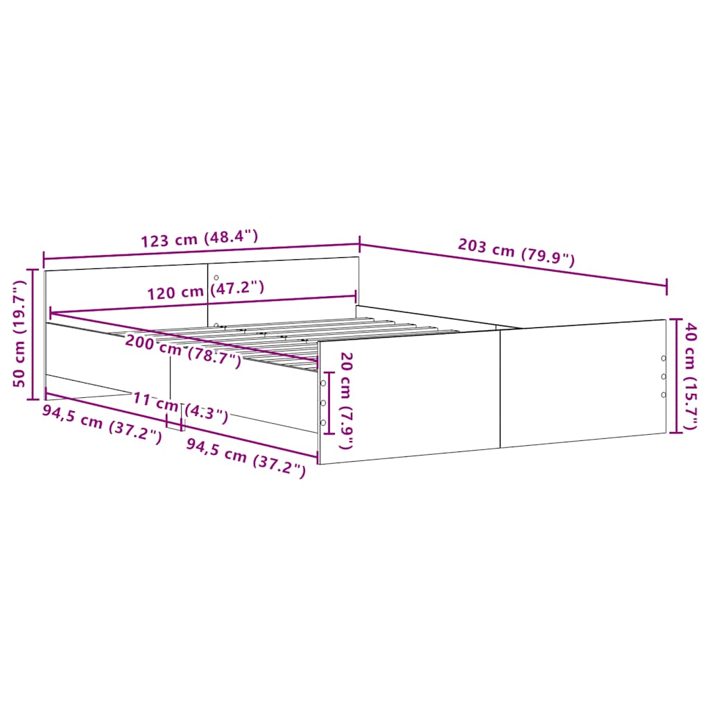 Sängram utan madrass svart ek 120x200 cm konstruerad trä