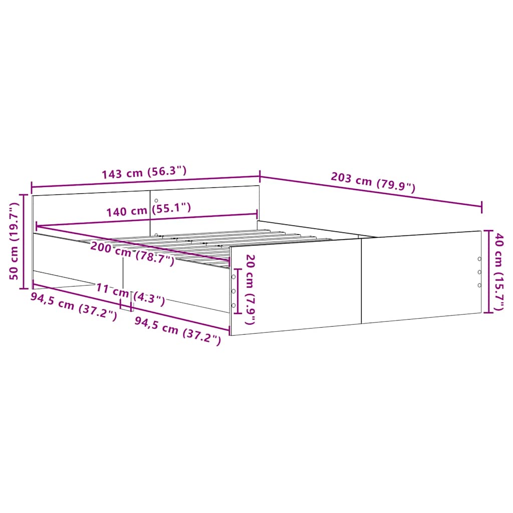 Sängram utan madrass svart ek 140x200 cm konstruerad trä