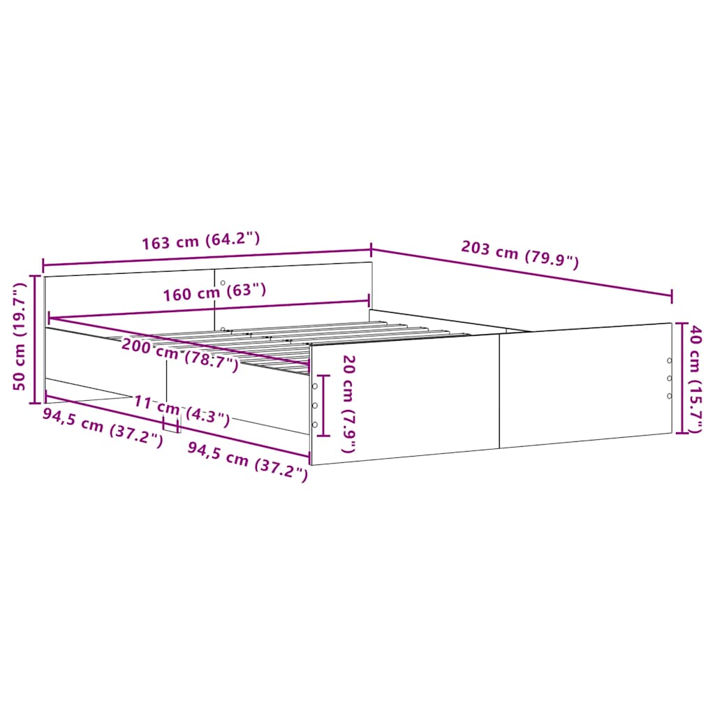 Sängram utan madrass svart ek 160x200 cm konstruerat trä