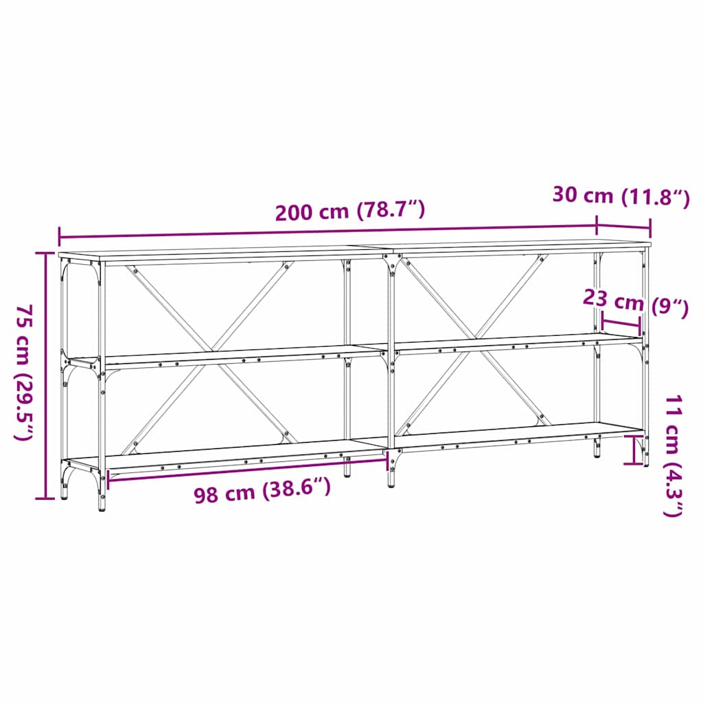 Konsolbord med hylla Svart Ek 200 x 30 x 75 cm Konstruerat trä