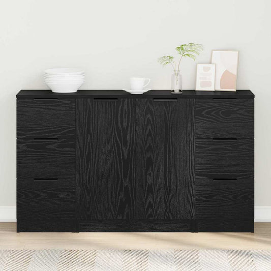 Sideboard med låda 3 pcs Svart Ek Konstruerat trä