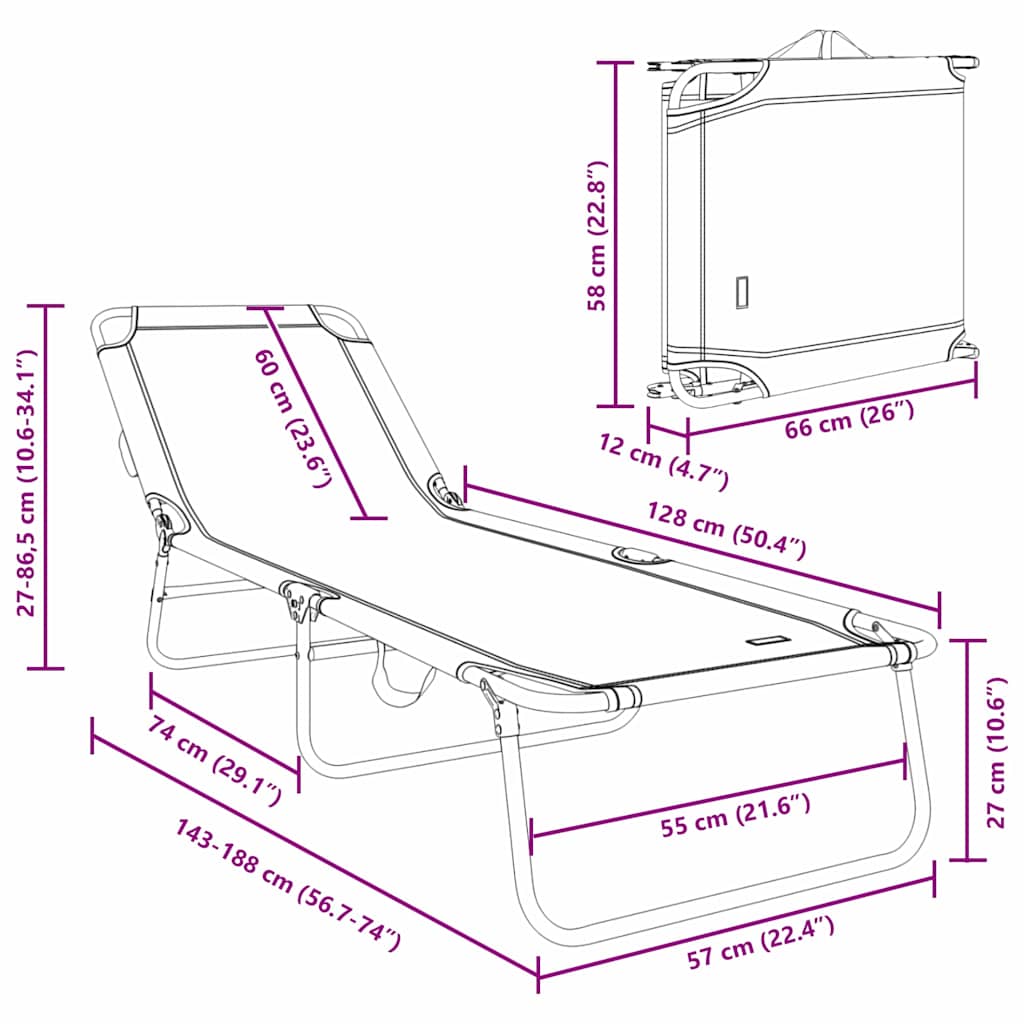 Hopfällbar solstol Grå 188 x 57 x 86,5 cm Polyester