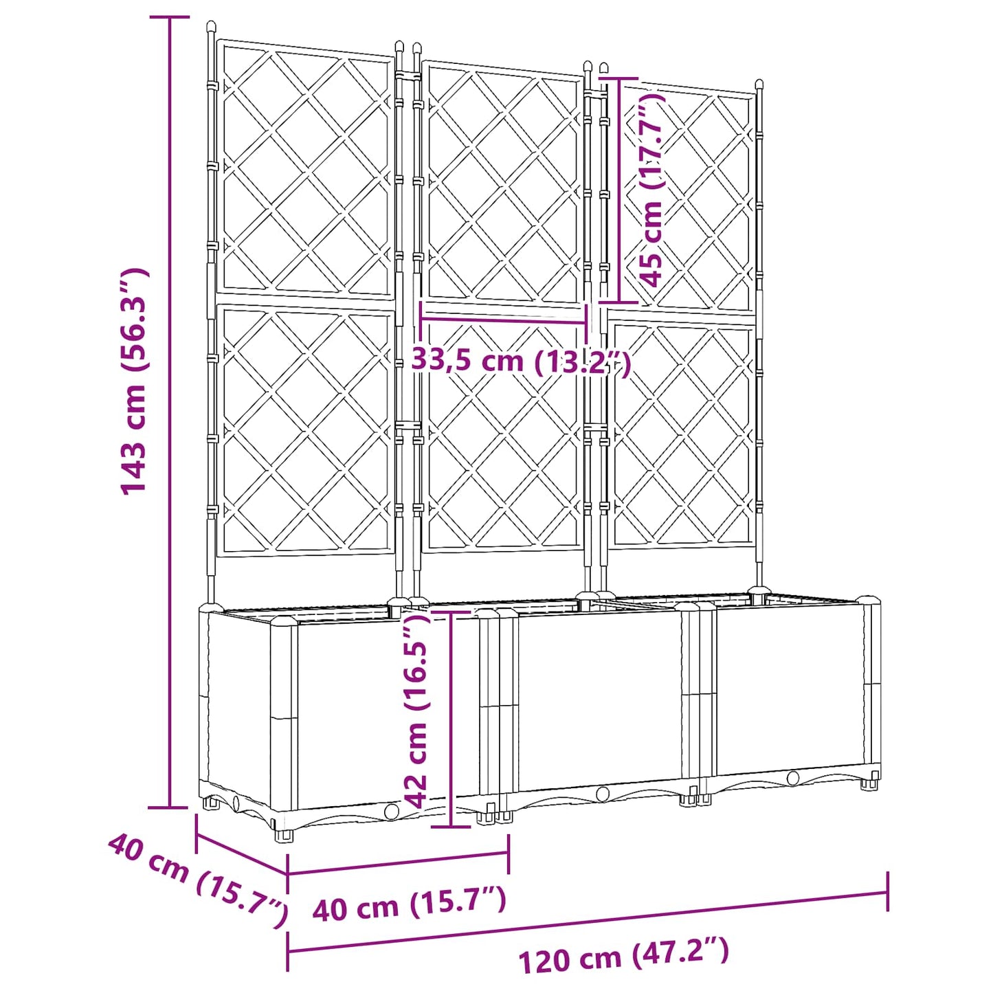 Trädgårdsplanterare 3 pcs Grå 120 x 40 x 143 cm Plast