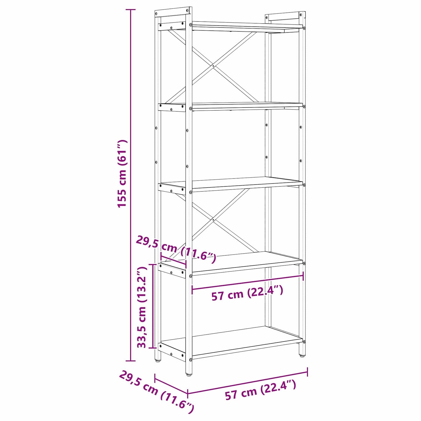 Hyllsystem Svart Ek 60 x 30 x 155 cm Konstruerat trä