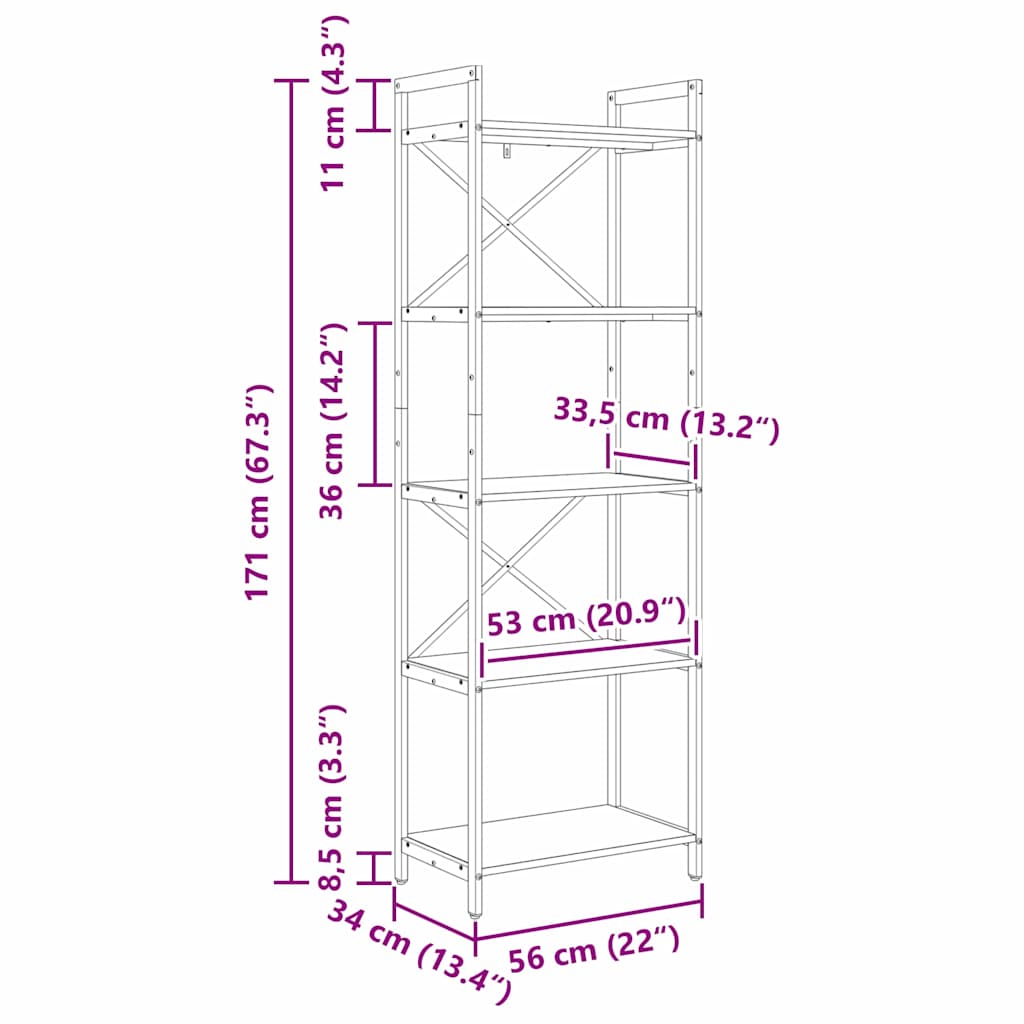Hyllsystem Svart Ek 56 x 34 x 171 cm Konstruerat trä