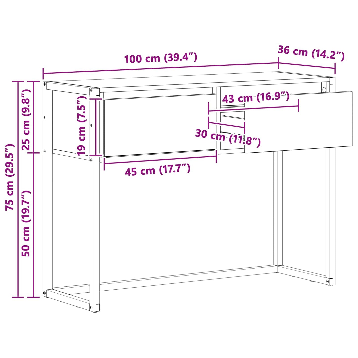 Sidobord med låda Svart Ek 100 x 36 x 75 cm Konstruerat trä