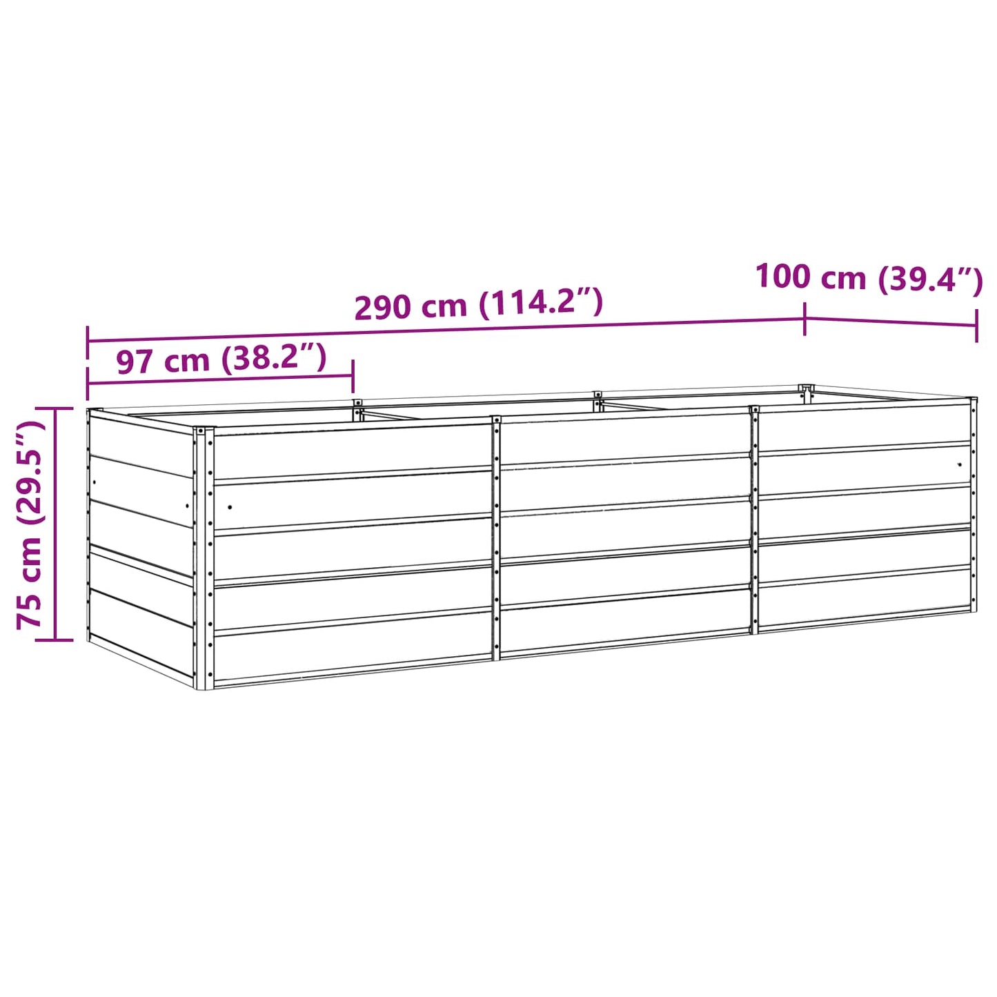 Planteringskärl Antracit 195 x 100 x 45 cm Galvaniserat Stål