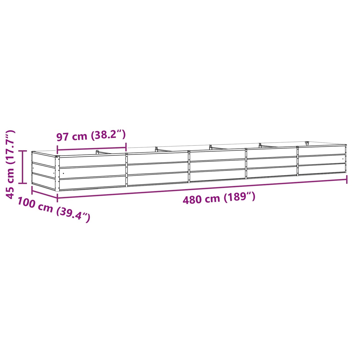 Planteringskärl Antracit 195 x 100 x 45 cm Galvaniserat Stål