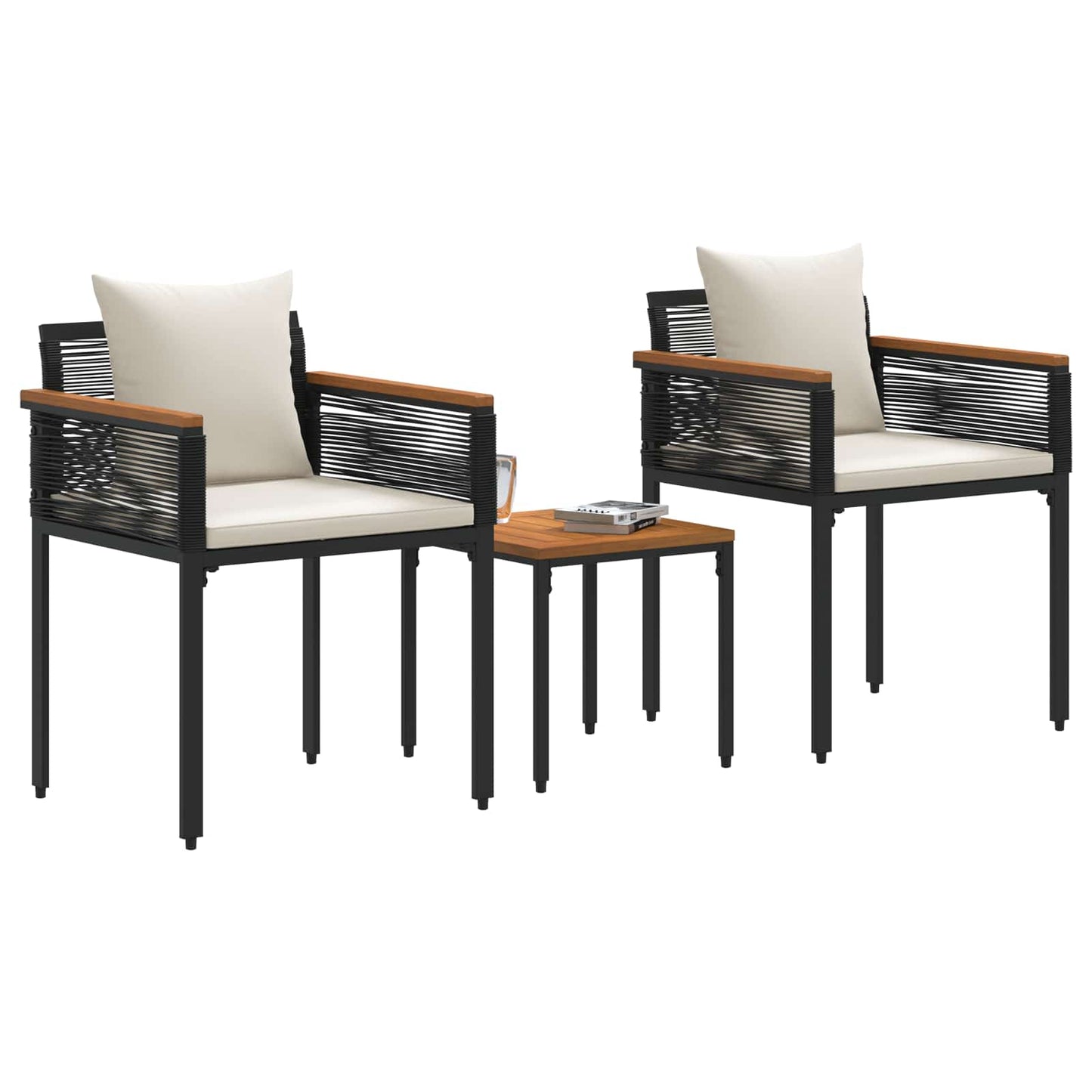 Utemöbelset med kudde 3 pcs Svart och krämvit PE Rattan