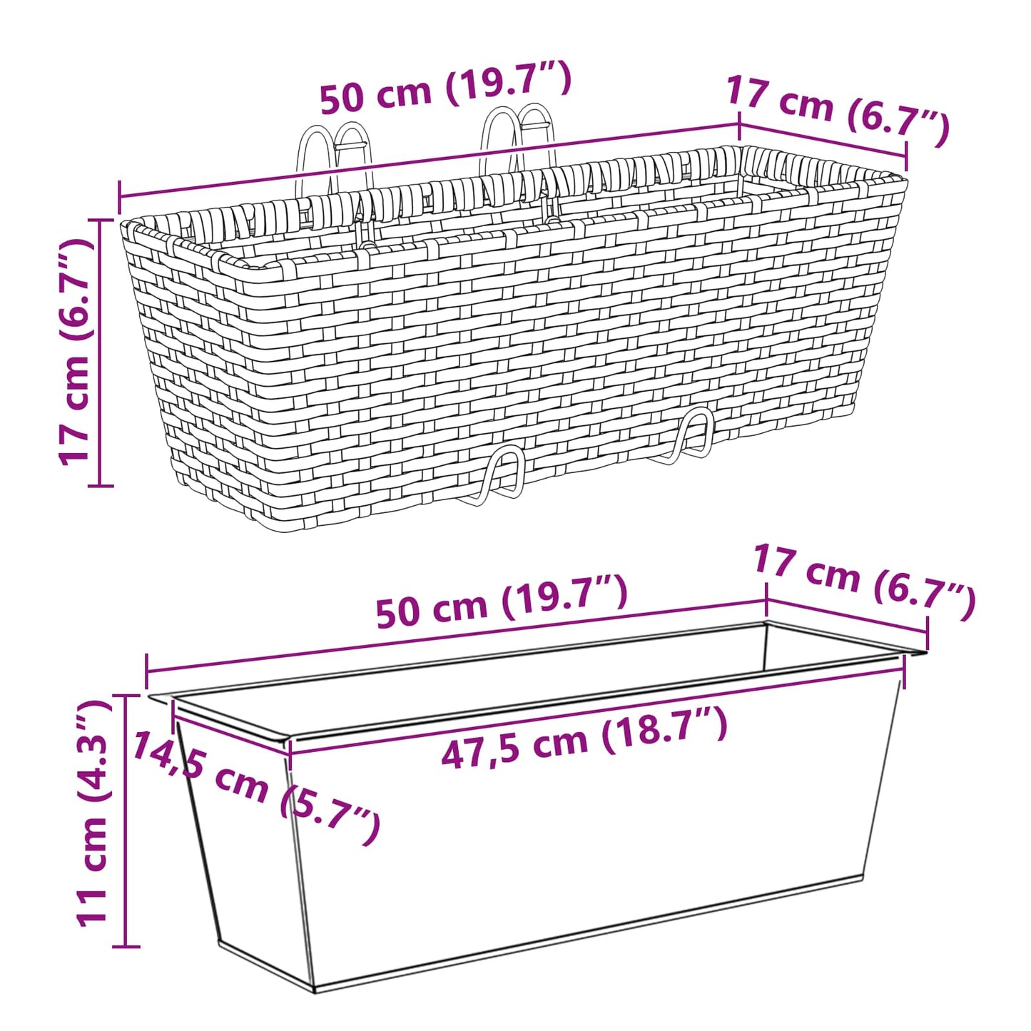 Räcke 2 pcs Svart 50 x 17 x 17 cm Metall