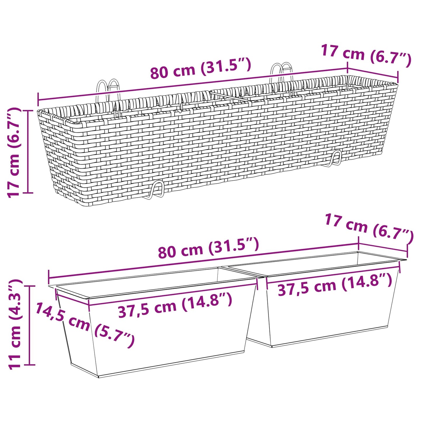 Räcke 2 pcs 80 x 17 x 17 cm Metall