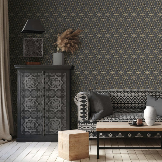 DUTCH WALLCOVERINGS Tapet hexagonal svart och guld