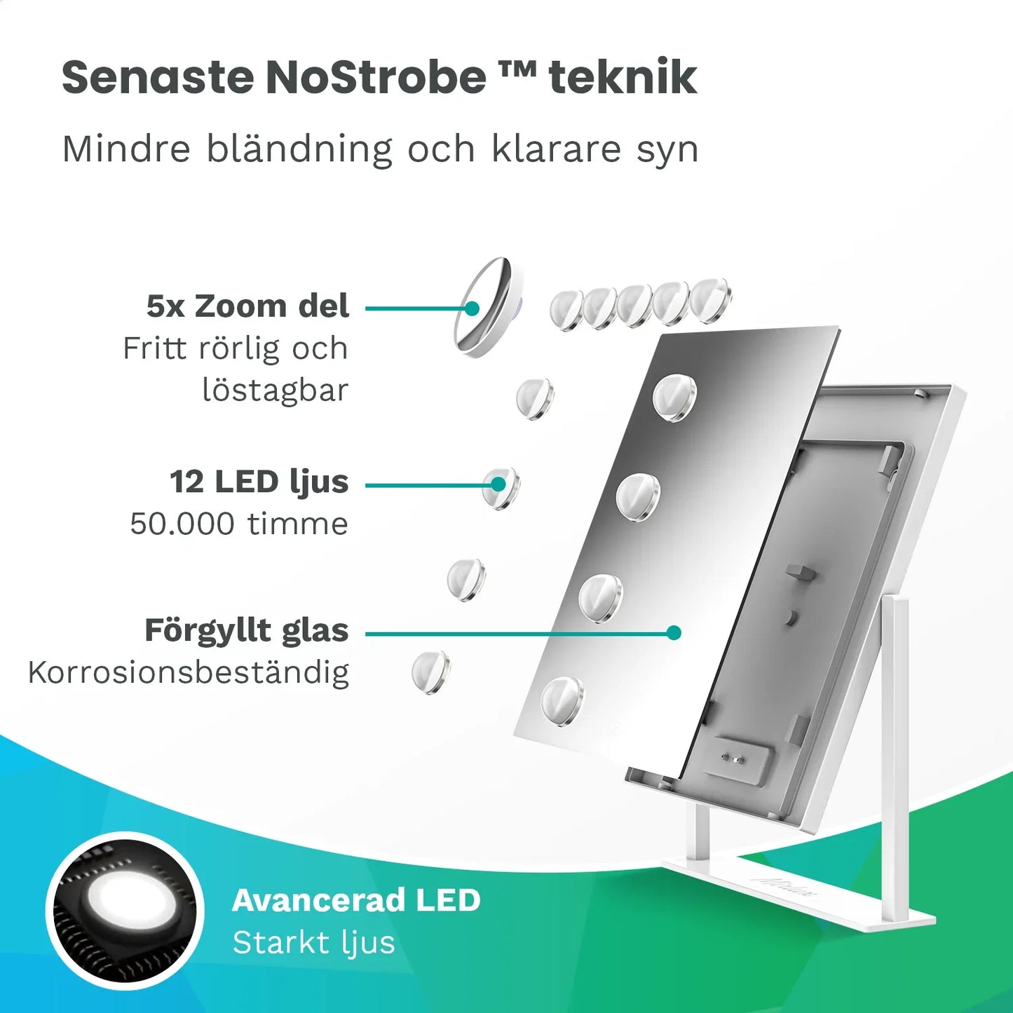 Liten Hollywood sminkspegel med belysning – LED lampor, 44x30 cm, vit