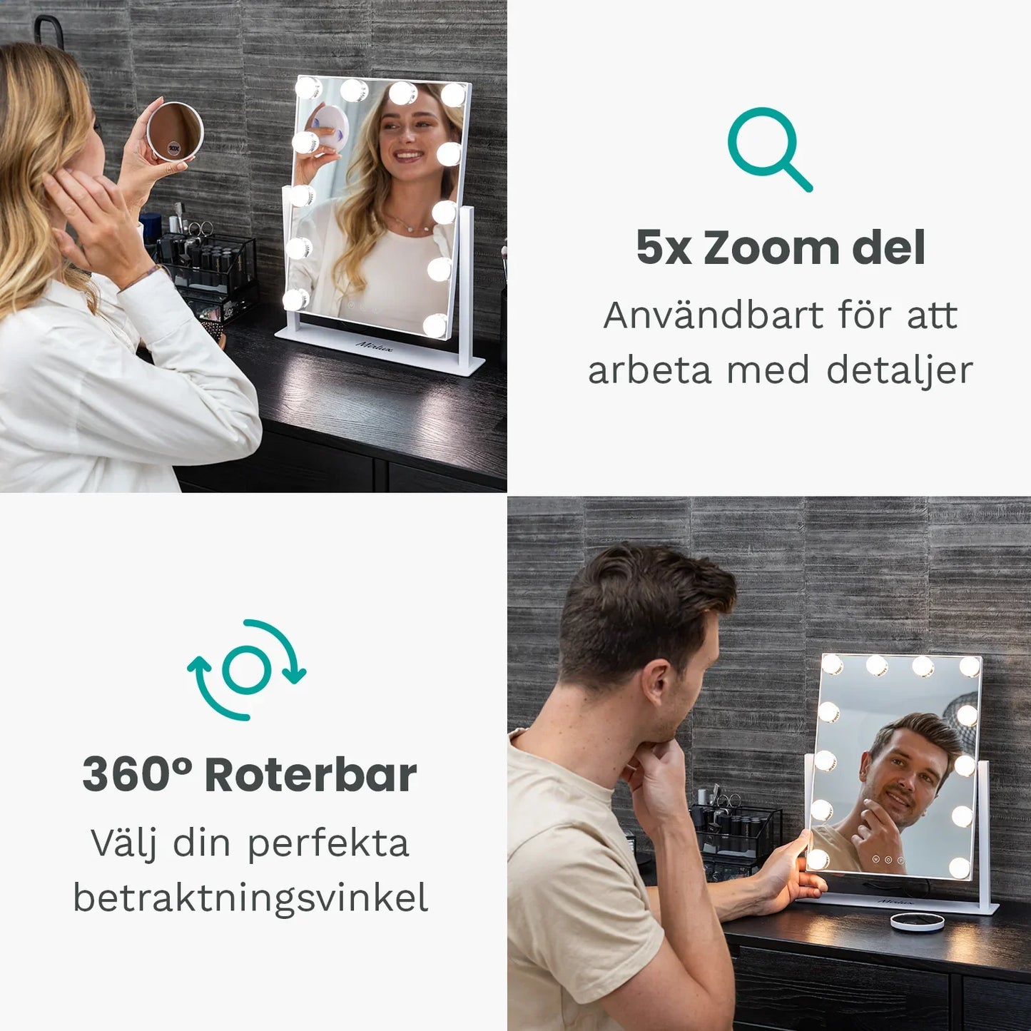 Liten Hollywood sminkspegel med belysning – LED lampor, 44x30 cm, vit